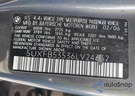 2006 BMW X5 4.4I z USA, uszkodzony, nr VIN 5UXFB53536LV24662